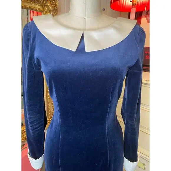 vintage 1980s blue velveteen gown reverse collar french cuffs 80s fashion velvet - Picture 3 of 10